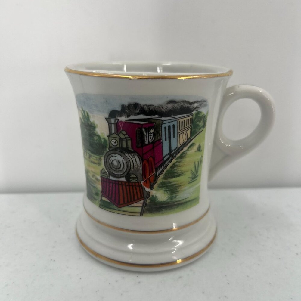Vintage Locomotive Train Shaving‎ Scuttle Mug Gold Trim Divided Porcelain